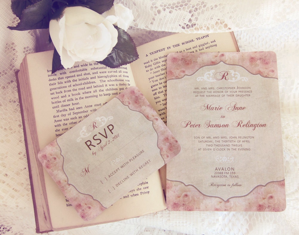 French Floral Shabby Chic Wedding Invitations - Vintage Parisian - DEPOSIT - 09260908-I