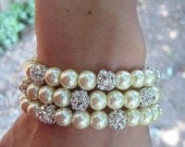 Pearl and Rhinestone Three Strand Cuff Bracelet, Bridal Statement Jewelry Set, Wedding Pearl Bracelet for Women, Bridesmaid Jewelry