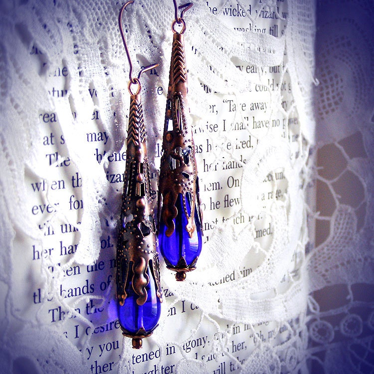 Victorian Cone earrings, copper filigree cone, blue glass drop, romantic, art nouveau, delicate, vintage, Edwardian, blue earrings, dangles