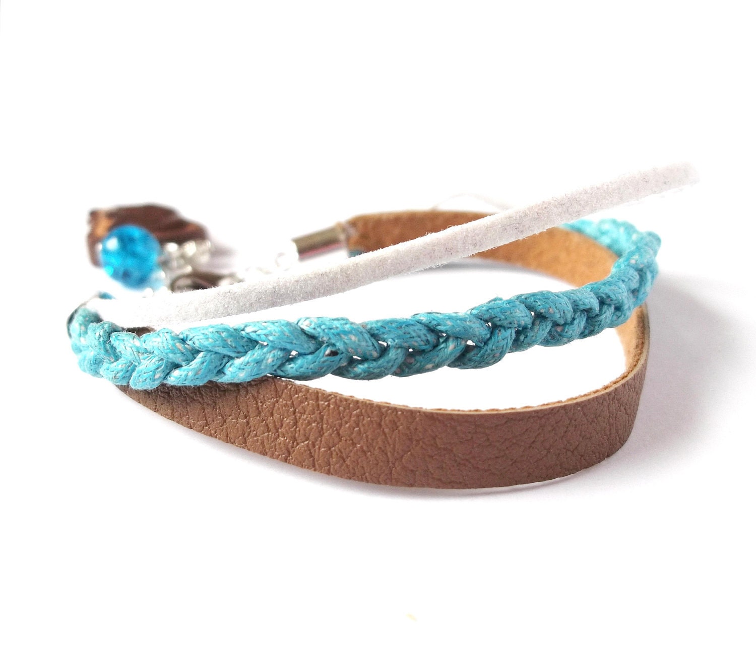 Braided Bracelet Cords Leather Bracelet Blue, Brown and White, with Chocolate Toast Polymer Clay Funky Jewelry
