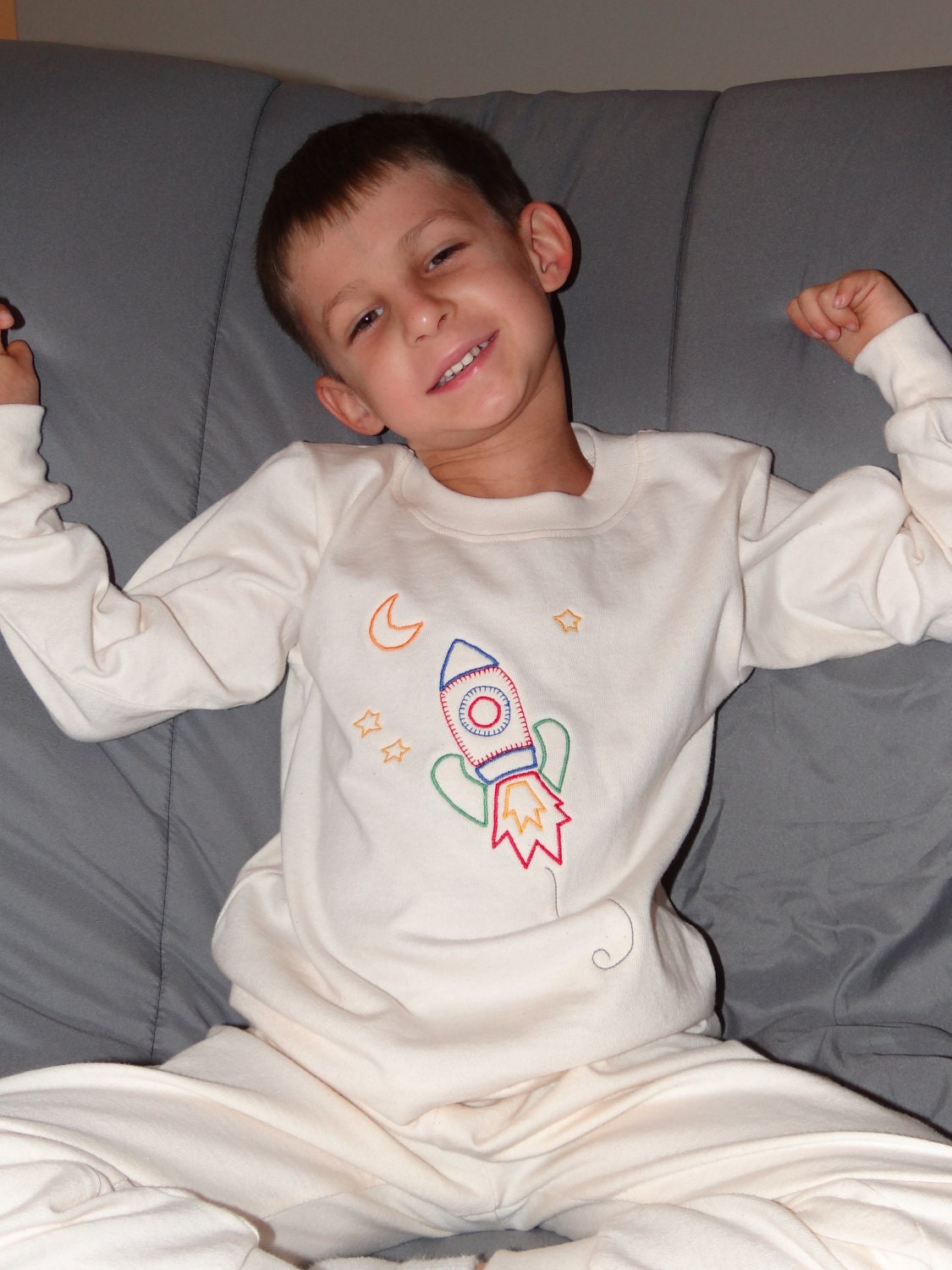 Organic Cotton Jersey Toddlers and Kids Pajamas with Embroidered Rocket Ship