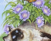 Ragdoll Cat, Monarch Butterfly, and Cornflowers Giclee Fine Art Print, Floral, Signed A E Ruffing, on 8.5 x 11 inch art paper
