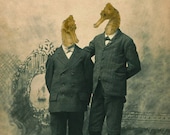 Nautical Art, Seahorse Boys, Mixed Media Collage Print, Altered Antique Portrait of Two Brothers, frighten