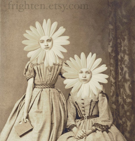 Altered Antique Portrait of Two Sisters, Mixed Media Collage Print, Flower Girls, 5x7 Print, Spring Art