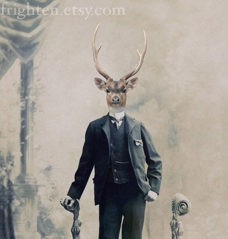 Deer Art Print, Mixed Media Collage Print, Deer Boy, Altered Victorian Portrait, frighten