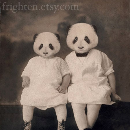 Panda Art Print, Mixed Media Collage Print, Altered Vintage Photograph of Sisters, Nursery Decor