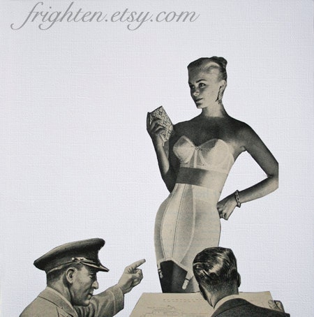 Print of Handmade Paper Collage, Man Made, Black and White Mad Men Style, frighten