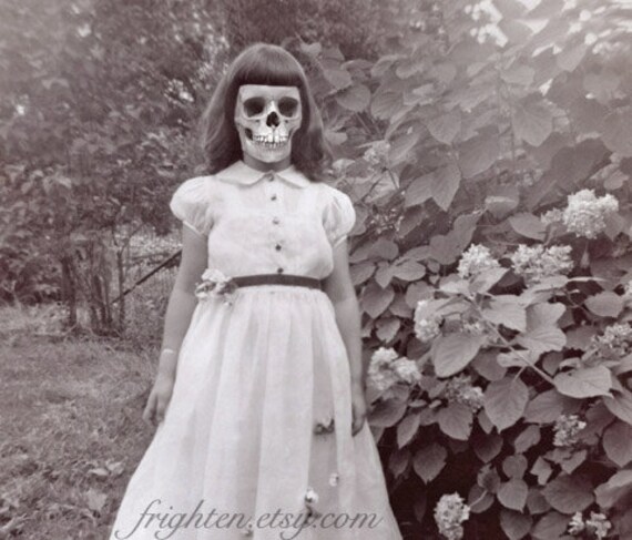 Halloween Decor, Mixed Media Collage Print, Creepy Girl with Skull Face Art , Princess, Altered Vintage Photo