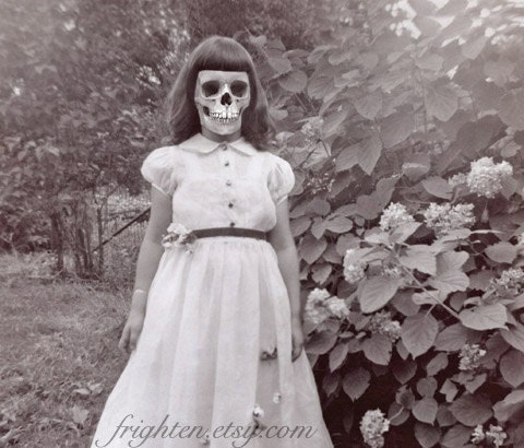 Halloween Decor, Mixed Media Collage Print, Creepy Girl with Skull Face Art , Princess, Altered Vintage Photo