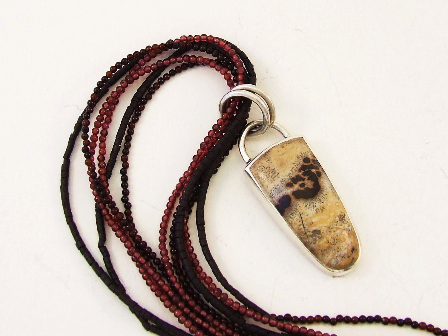 Beaded Necklace with Silver and Chinese Painting Jasper Pendant, perfect valentine gift, ready to ship
