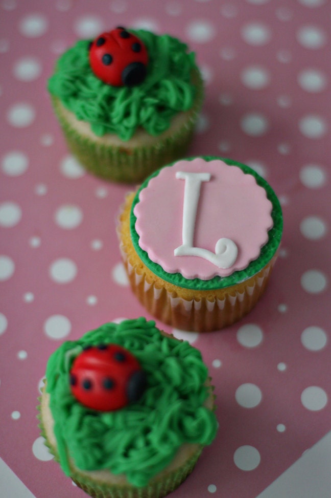 Fondant Ladybug and Monogram Toppers for Baby Shower or Birthday Cupcakes, Cookies or Brownies