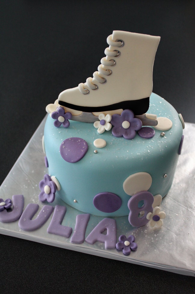 Fondant Ice Skate Cake Topper, with Polka Dots, Flowers, Name and Age Decorations for a Special Birthday Cake