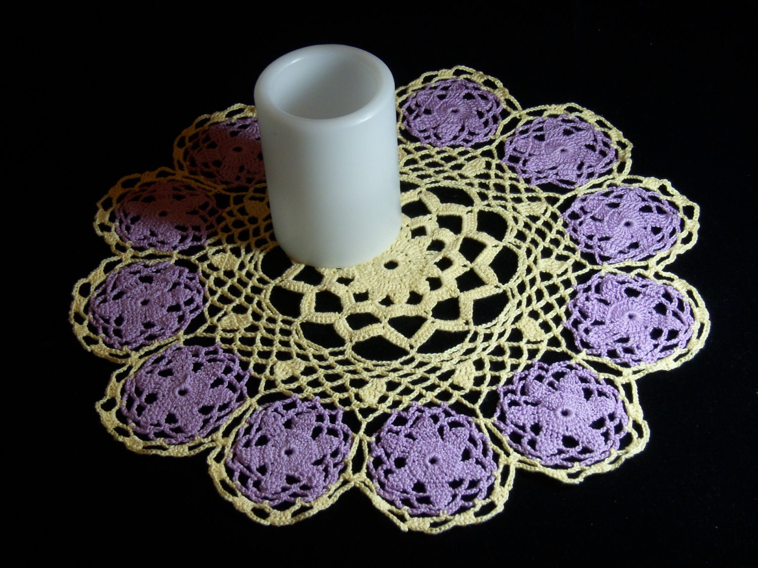 Yellow and Lavender Crochet Floral Lace Doily
