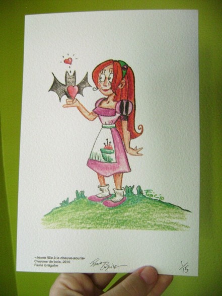 Cute Whimsical Pink Art Print - Seamstress with a Friendly Bat , Valentine Day - FREE SHIPPING