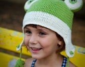 Earflap Frog Hat Funny Crochet Green Vanilla Spring Summer Costume St. Patrick's Day Accessory for Kids Gift designed by dodofit on Etsy