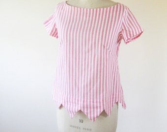 60s Pink Striped Blouse Triangle Hem Boatneck Cap Sleeves Womens Large