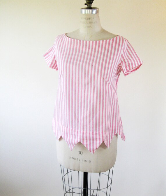 60s Pink Striped Blouse Triangle Hem Boatneck Cap Sleeves Womens Large