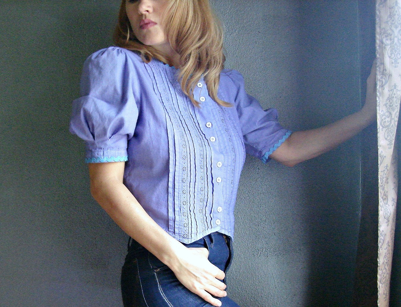shabby boho blouse lacy crochet cutout upcycled womens clothing pintucks ladies medium lavender top