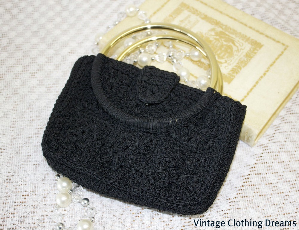 60s 1960s Vintage Bag Purse Corde Corded Purse Jet Black Geometic Design Brass Colored Circle Handles Vintage Hand Made Hand bag Handbag