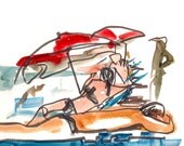 Sunbathing on the beach- Sketch in red, white and blue - 8x8 print