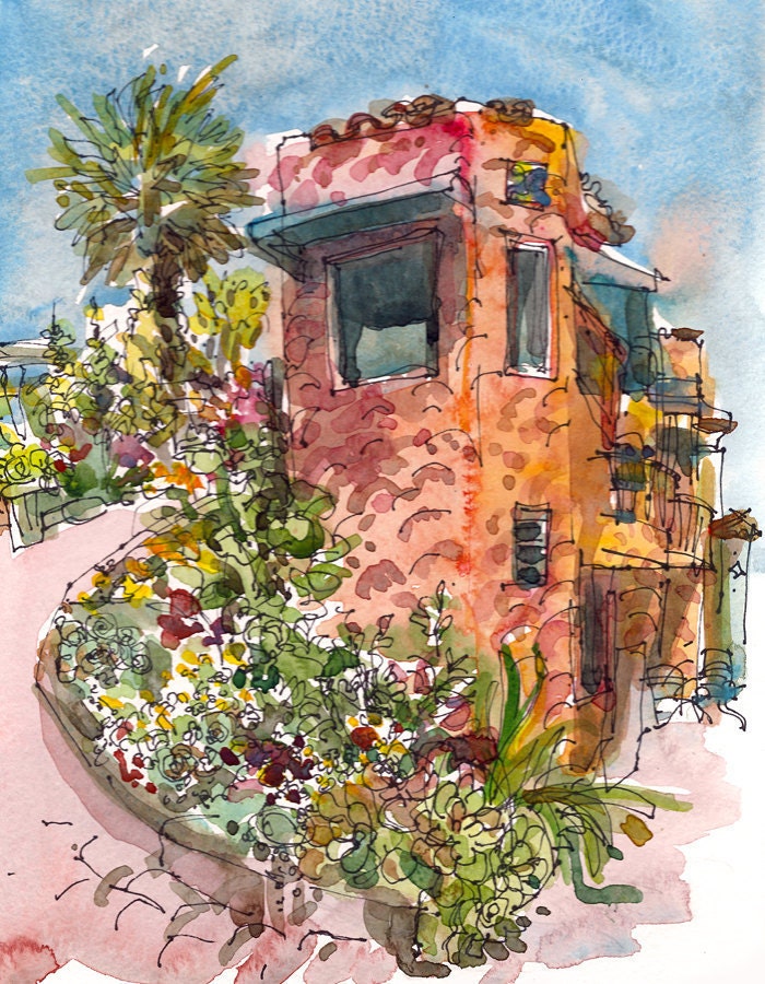 Capitola beach California watercolor sketch- 8x10 print in rainbow colors