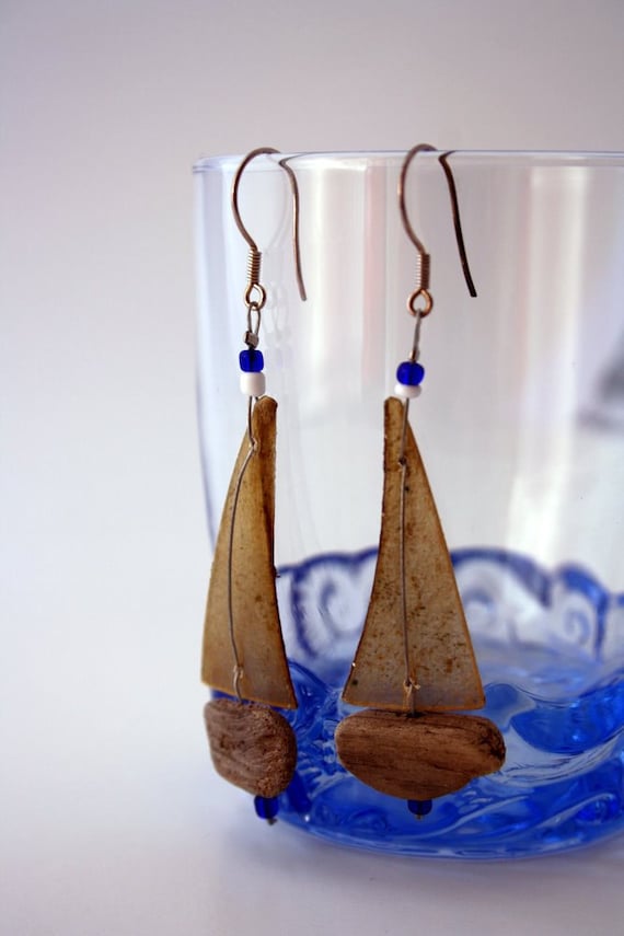 driftwood sailboat earrings with genuine parchment