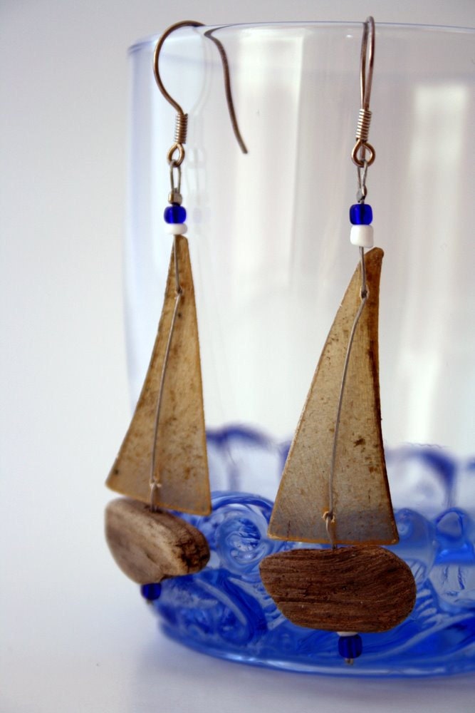driftwood sailboat earrings with genuine parchment