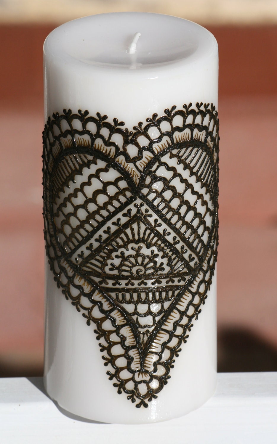 Henna Heart Love White Pillar Candle
