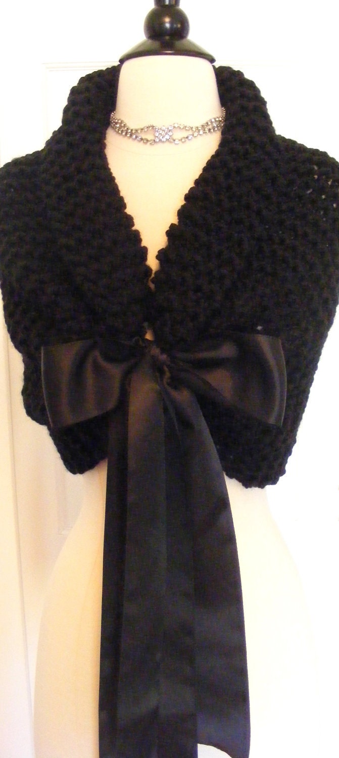 Wedding Shawl / Bride Bolero / Bridal Shrug / Black Shawl / Shrug / Bolero / Hand Knit Shawl/ Black Tie / Wrap