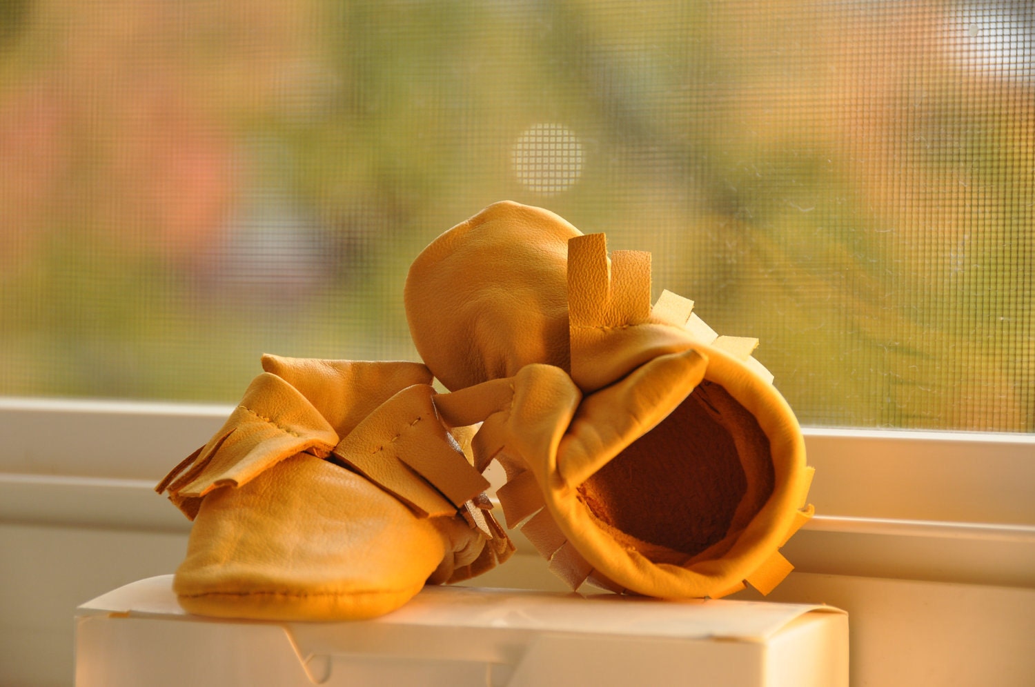 Yellow Baby Moccasins, Recycled Leather