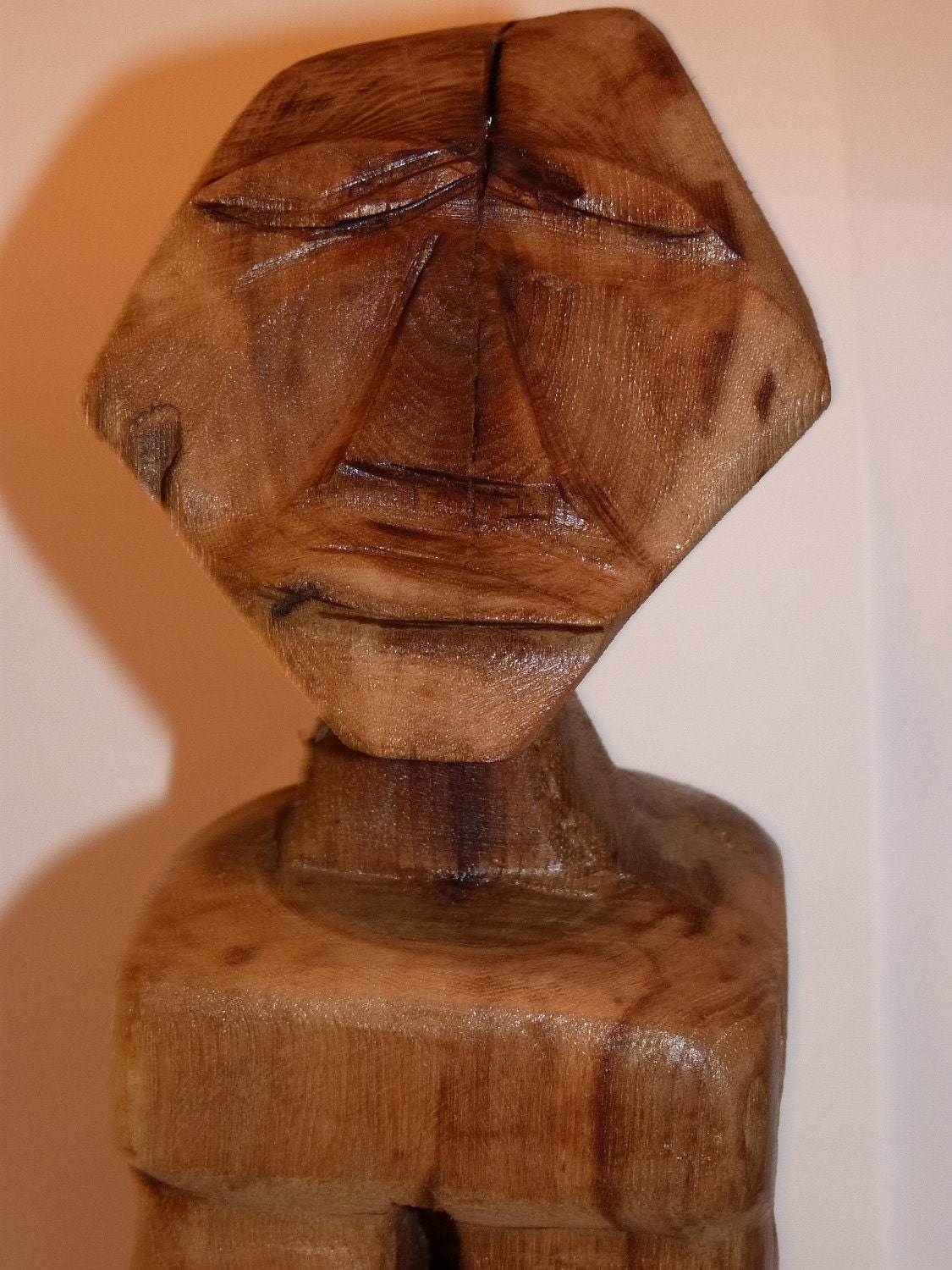 Aztec Mayan Style Sitting Man Sculpture, Oak Primitive Folk Art Look