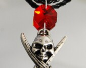 Halloween Red Crystal Prism Gothic Pirate Skull & Swords Pewter Necklace