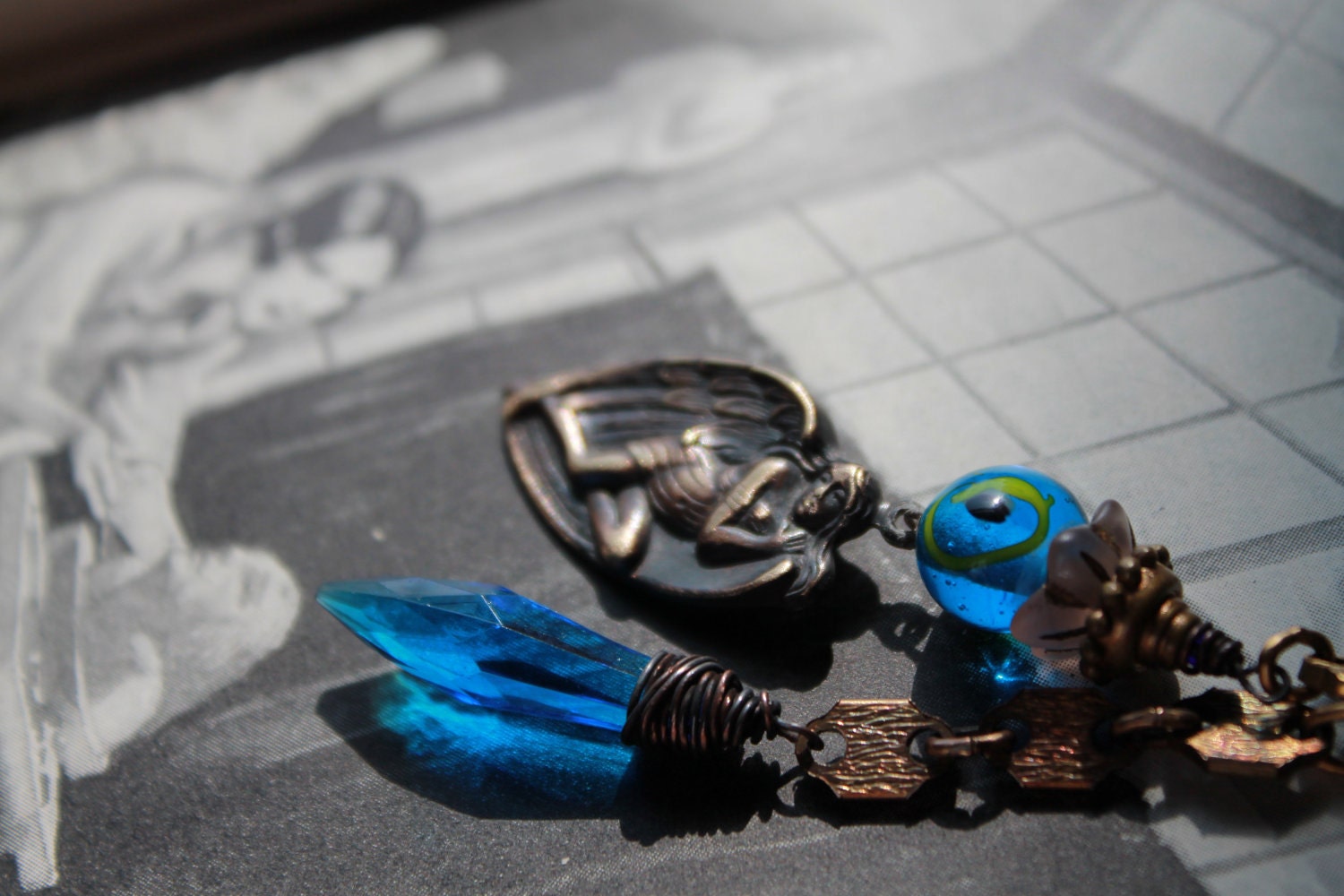 GATE KEEPER, Assemblage earrings, beaded dangle, blue dagger, mixed metals