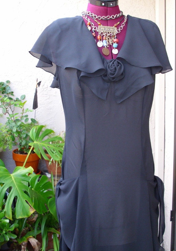 Black Sheer Chiffon Maxi Funky Dress/ Shabby Chic Eco Fashion