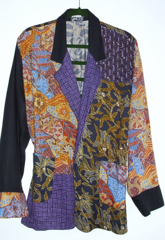 Vintage Bohemian Beaded Batik Patchwork Jacket Gypsy Beaded Color-Block Purple Yellow Floral