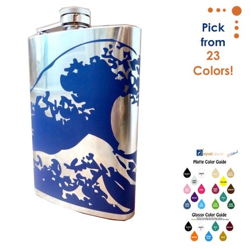 FLASK- Kanagawa Ocean Wave- alcohol, liquor, booze, wedding, bridal party, festival, concert, hip pocket - Personalized- You pick Color