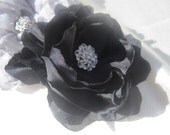 Black satin Fabric flower hair clip wedding bridal hair fascinator rhinestone center formal accessory