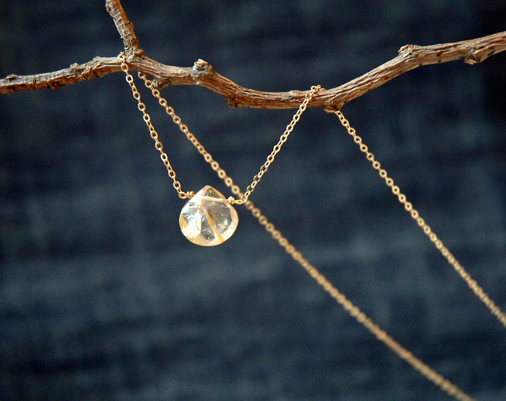 gold rutilated quartz drop necklace - semi precious gemstone - delicate necklace for bridal or everyday