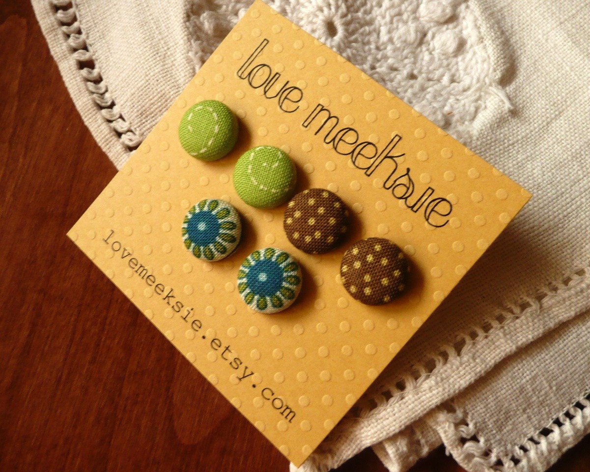 nature girl - fabric covered button post earrings - set of 3 - 1/2 inch size