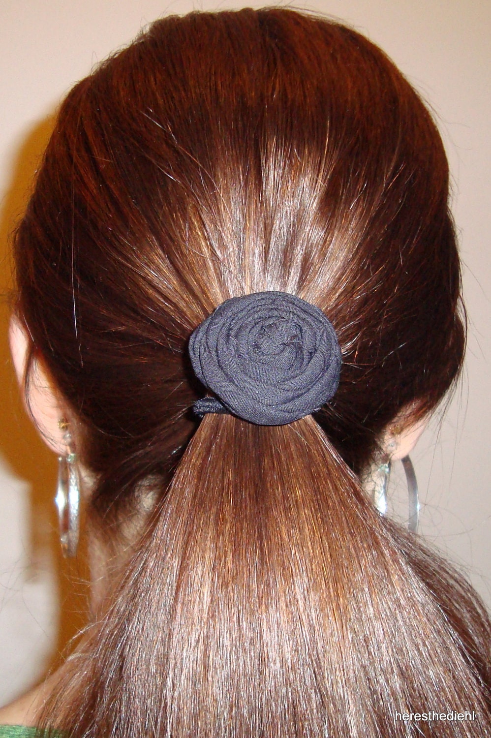 Rolled Fabric Flower Ponytail Holders in Gray and Black - Set of 2 - for Girl, Teen, Adult