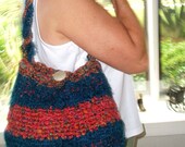 Purse Crocheted Orange and Turquoise Bulky Yarns with a Braided Handle and Nice Button