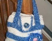 Purse Crocheted Blue Denim and Cream Striped OOAK Thick with Flower, Lined, Handles, Clasp and Button