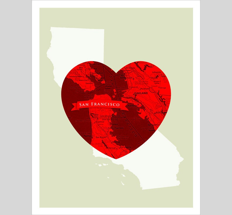SAN FRANCISCO California - Map Heart - 11x14 print - Home decor Wall hanging art