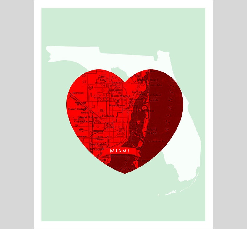 MIAMI Map Heart - 11x14 print poster art Home decor Wall hanging