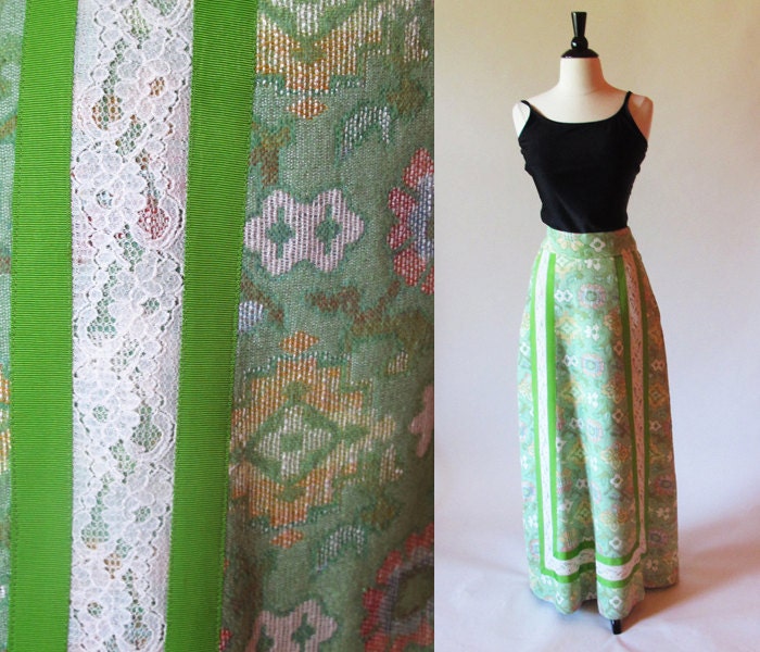 60s Green Maxi Skirt / 1960 Floral Print Skirt / Floral Tapestry Skirt by Malbe