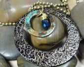 NECKLACE - Repurposed Metal Hoop Copper Patina Gold Wire Wrap Blue Swarovski Crystal Pendant Jewelry Necklace - Free Shipping