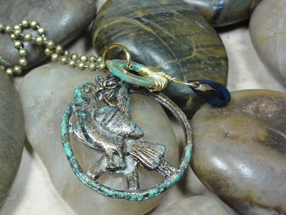 NECKLACE - Vintage Metal Bird Pendant Copper Patina Gold Wire Wrap Blue Faceted Teardrop Swarovski Crystal Jewelry Necklace Free Shipping