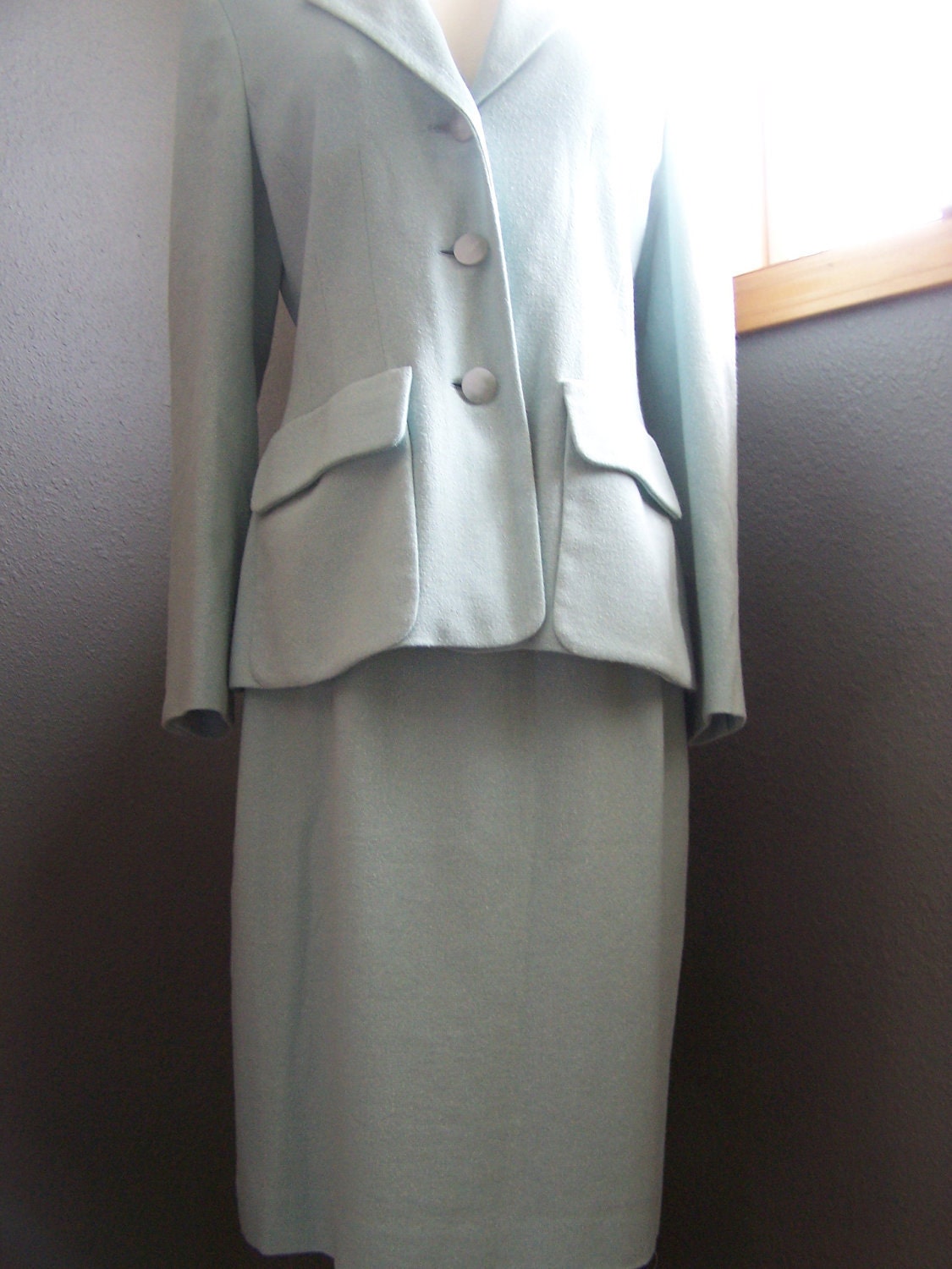 Vintage Moschino Eggshell Blue Wool Cotton Dress Suit Size USA 12