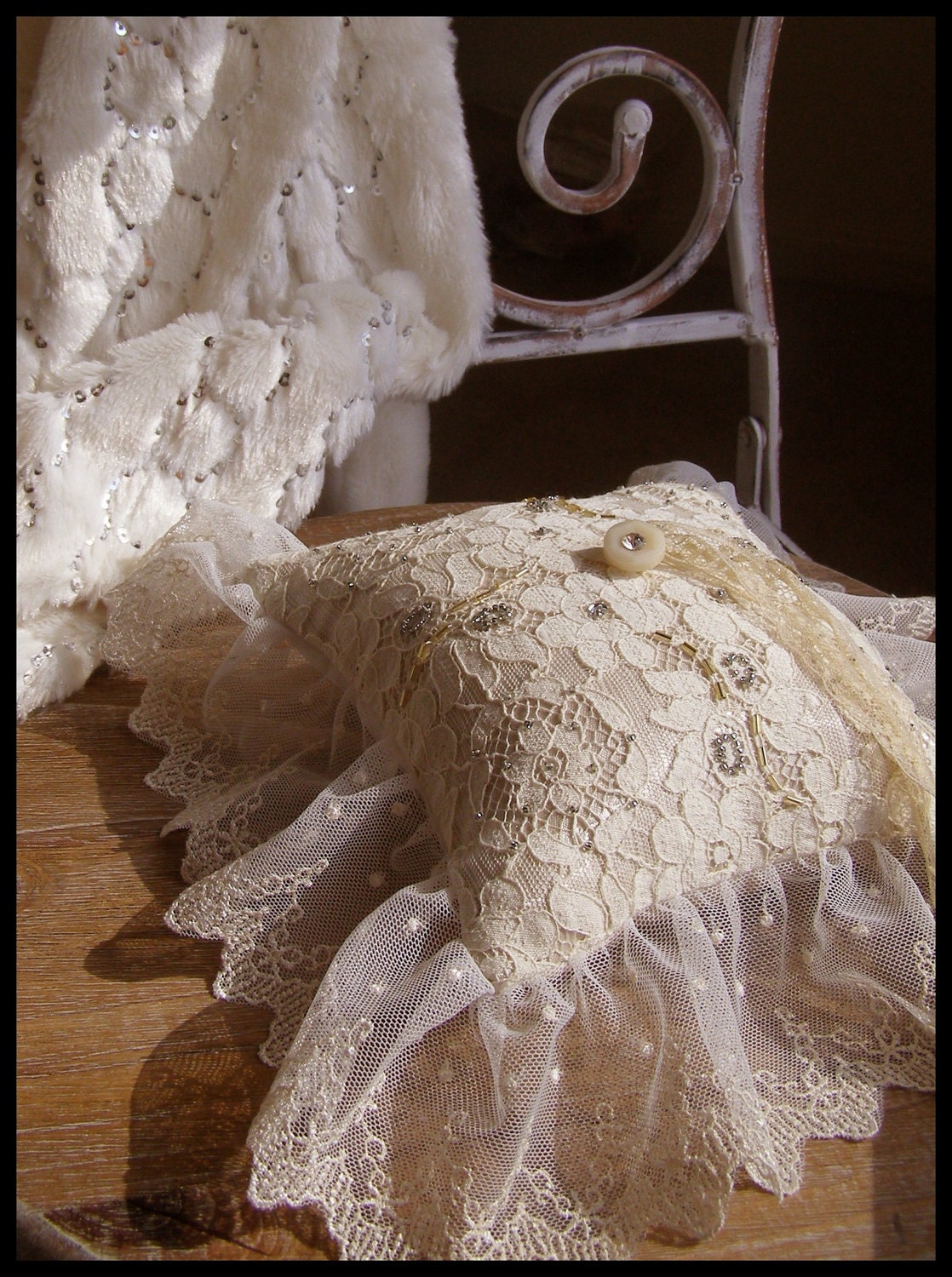 Beaded Antique Lace Bridal Ring Pillow