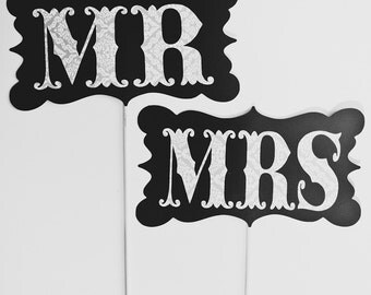 Mr. and Mrs. Signs on a Stick - Set of 2 Photo Booth Props